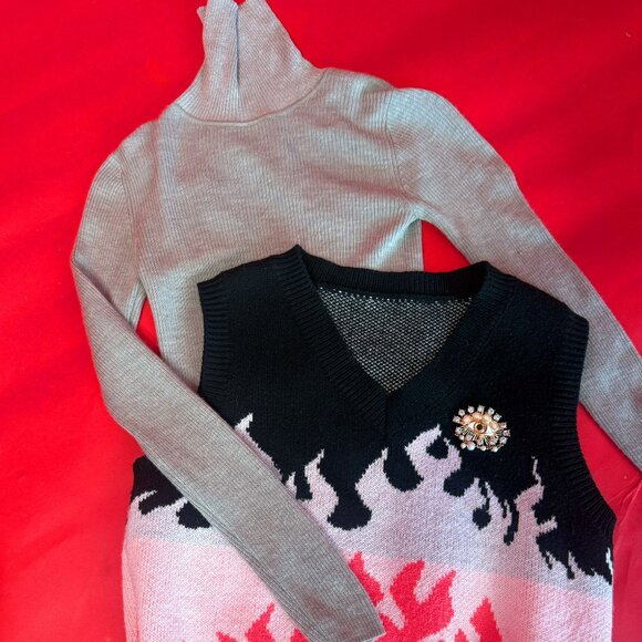Unique 2-Piece Knit Set – Flame Vest + Beige Turtleneck – Kids & Teens - Picture 3 of 11